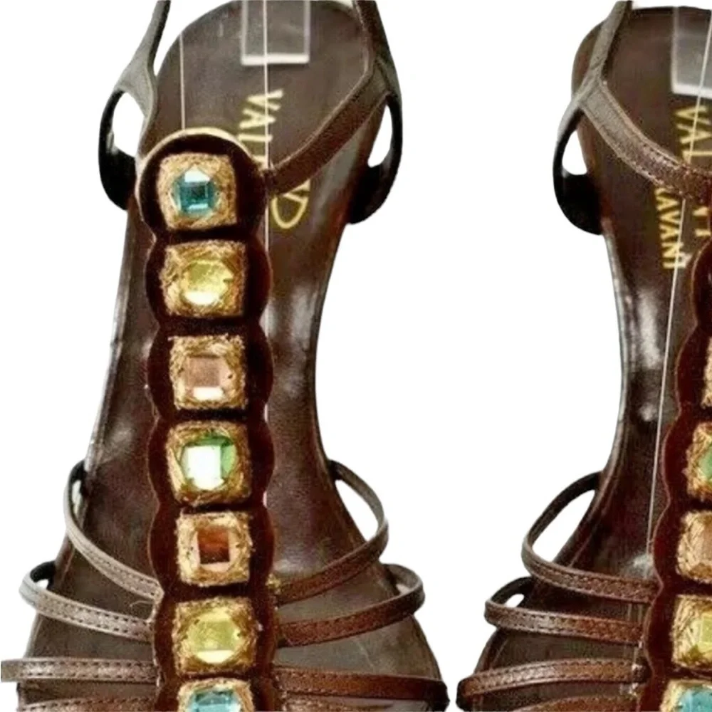 Valentino Garavani Brown Leather Embellished Wedges